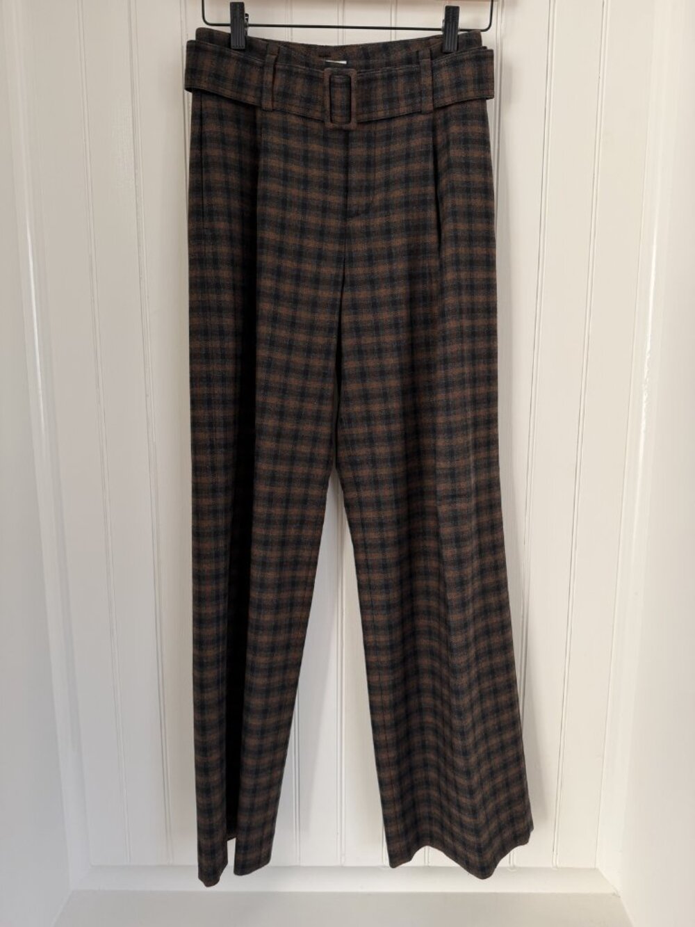 Vince Belted Plaid Wide Leg Trousers High Waist Brown Wool Blend — Sz 0
